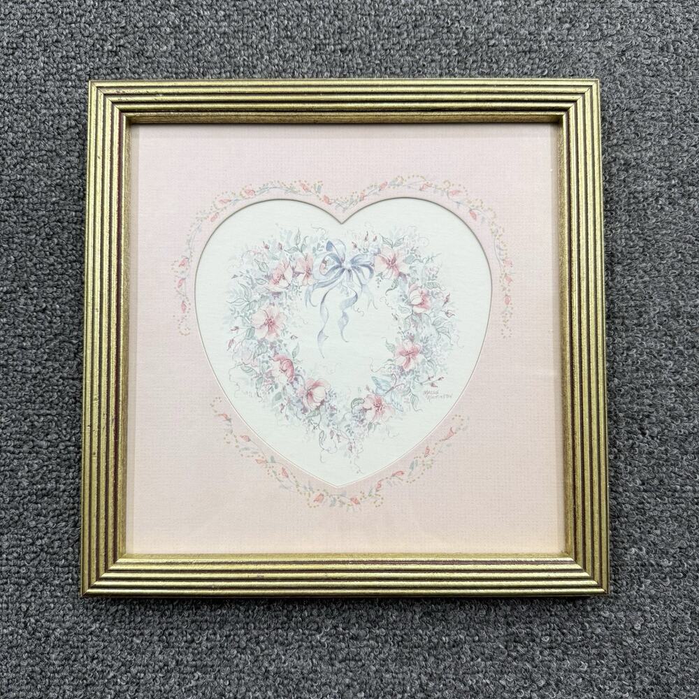 Vintage Floral Pink Heart Gold Framed Wall Decor Cottagecore, Grandmacore, Homco
